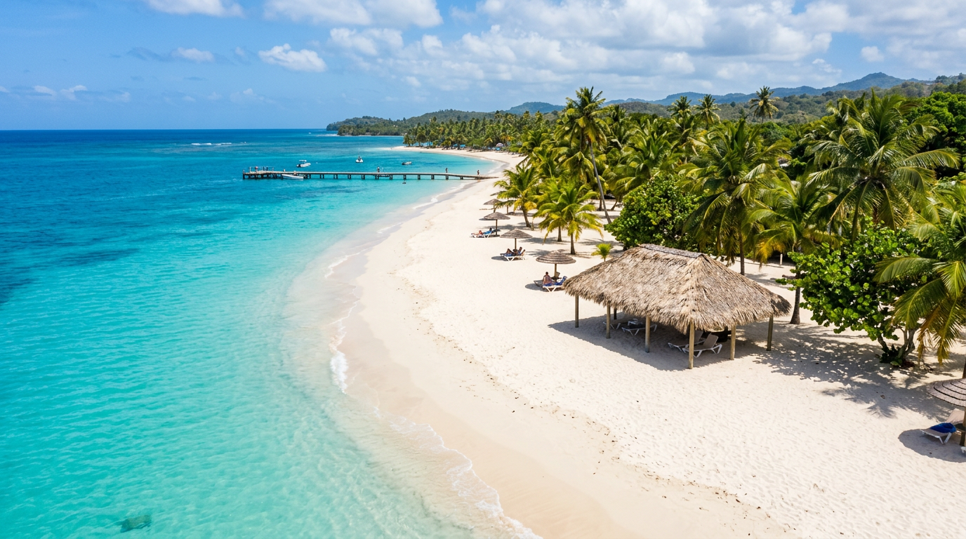 Panoramic view of Pigeon Point beach with turquoise water, white sand, and thatched palapa