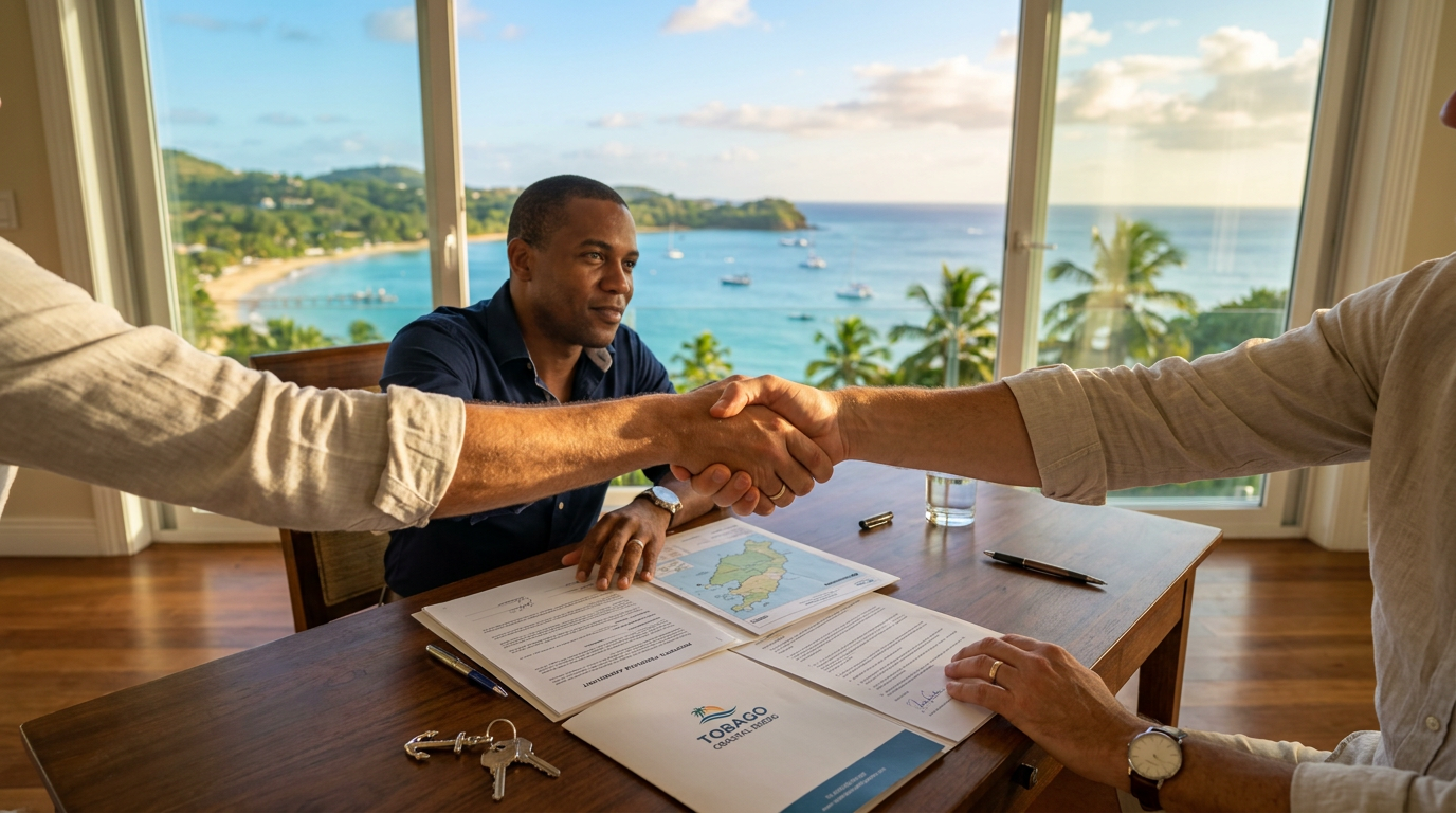 Handshake over property documents on a desk with ocean view through window