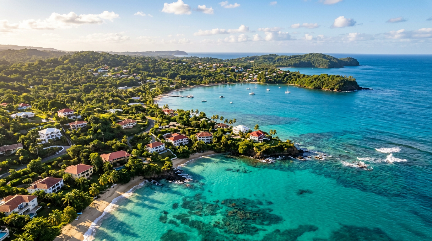 Aerial view of Tobago coastline with scattered Caribbean villas and turquoise water