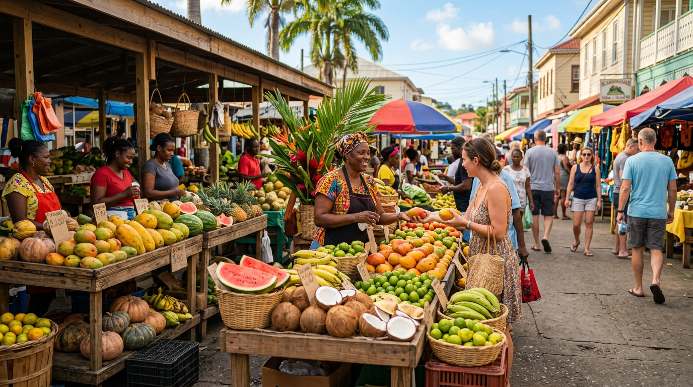 Colorful outdoor market scene in Scarborough Tobago with tropical fruits and vendors