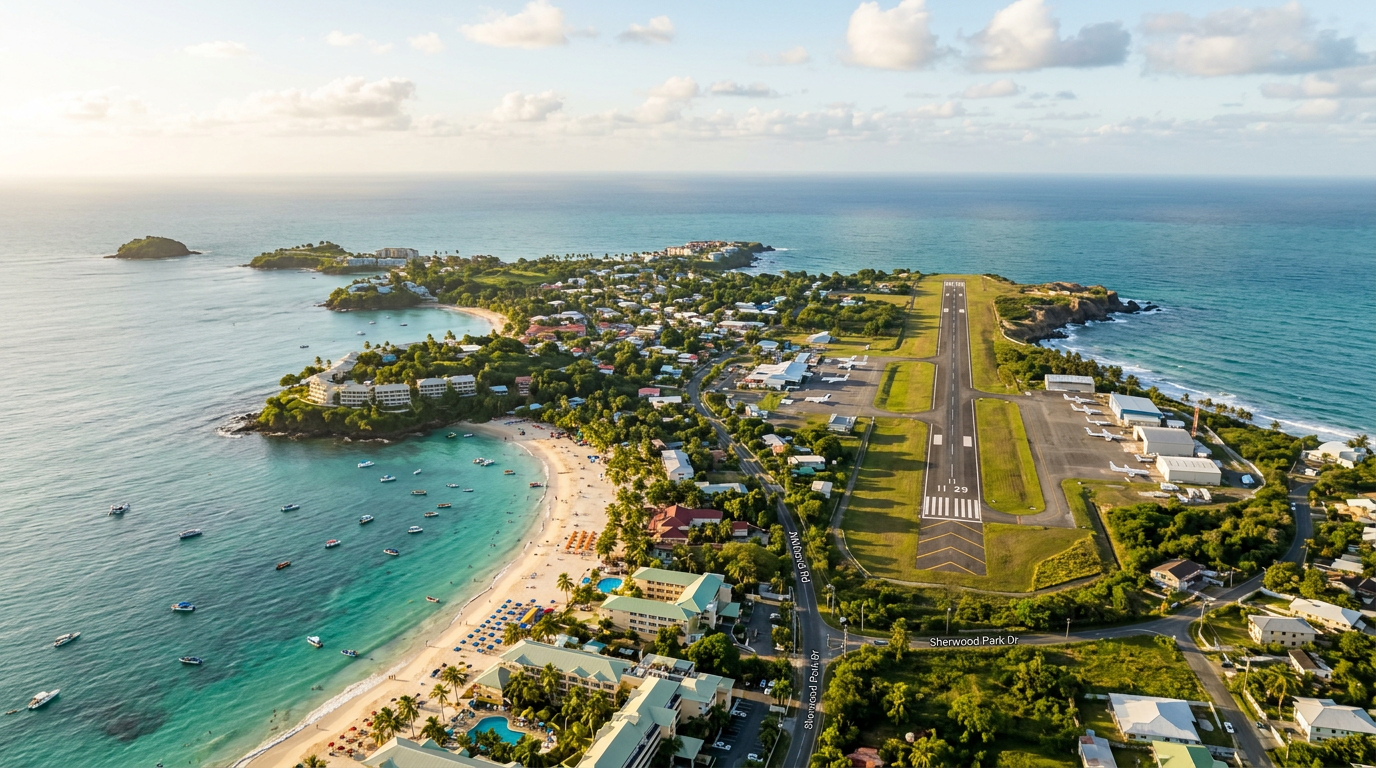 Aerial view of Crown Point Tobago with Store Bay beach and airport runway