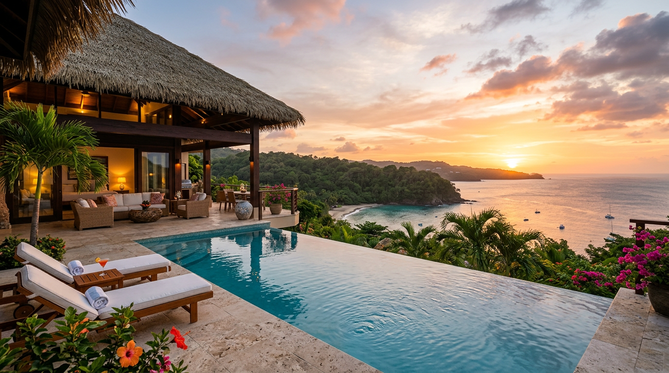 Luxury Caribbean villa with infinity pool at golden sunset, vacation rental