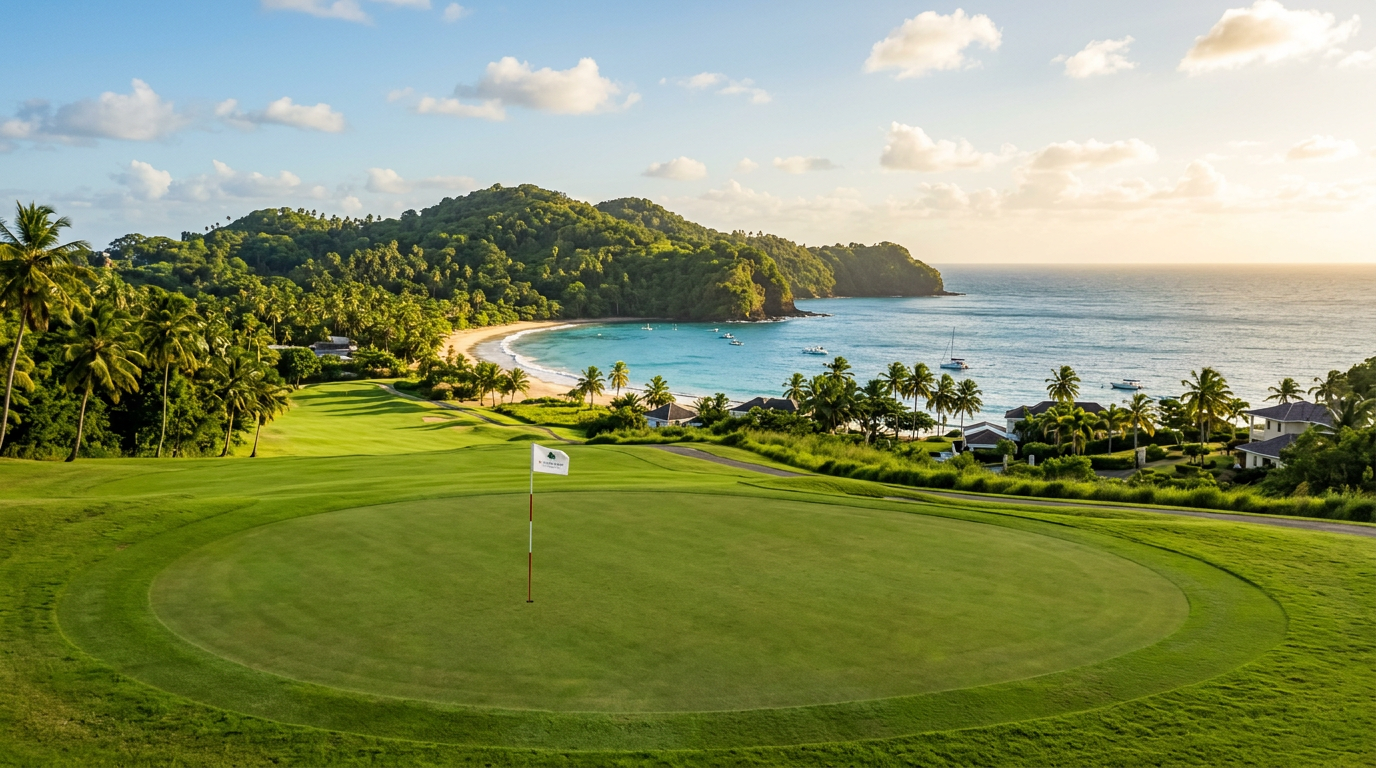 Golf course green overlooking Mount Irvine Bay with ocean in background