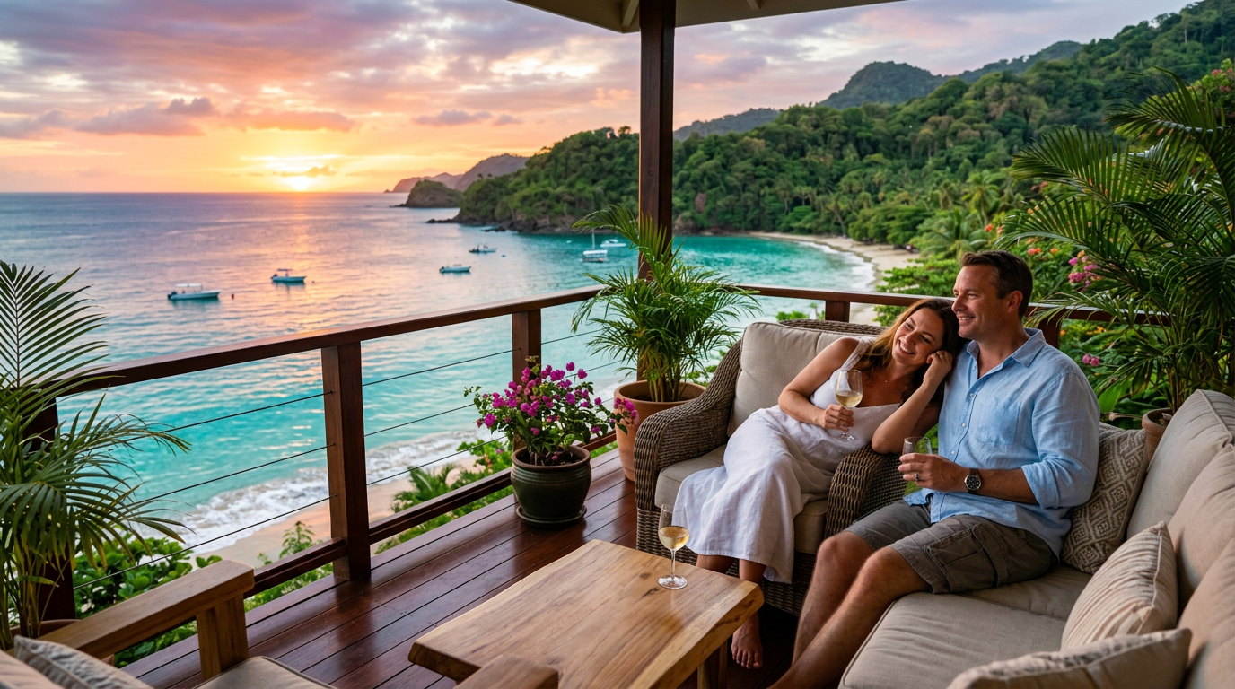 Couple relaxing on a veranda overlooking a turquoise Caribbean bay at sunset