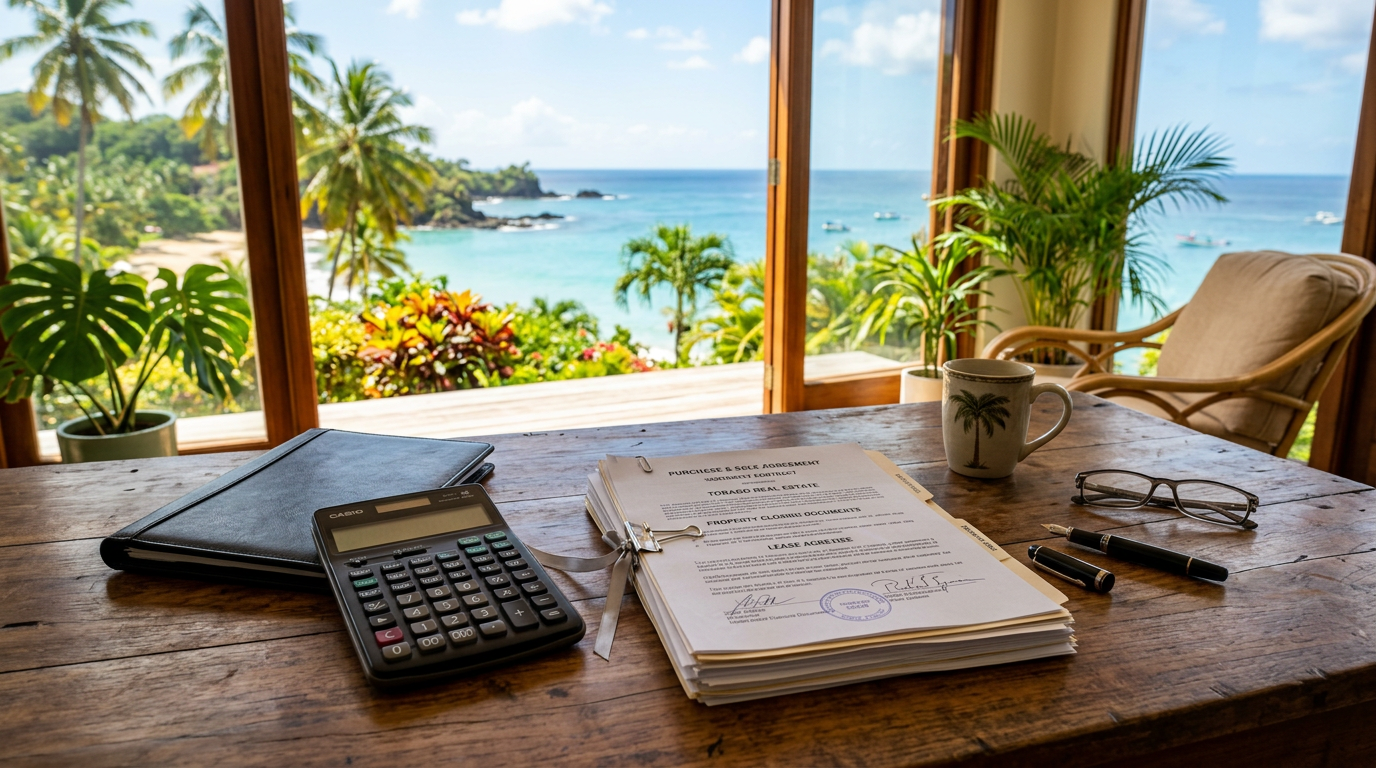 Calculator and legal documents on a wooden desk in a bright tropical office
