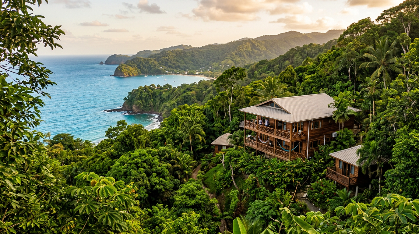Eco-lodge nestled in Tobago Main Ridge rainforest with sustainable wooden design