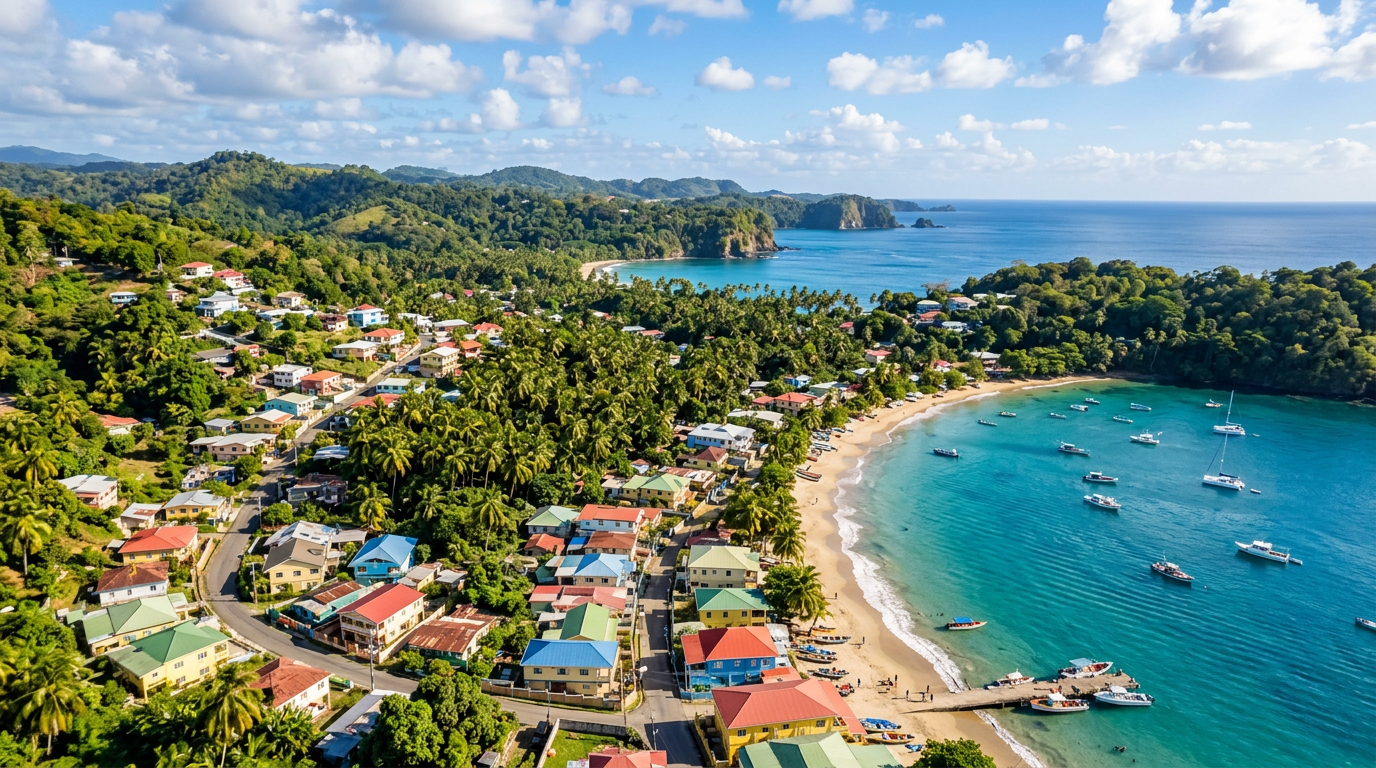 Bird's eye view of a Tobago coastal neighborhood with colorful houses and palm trees