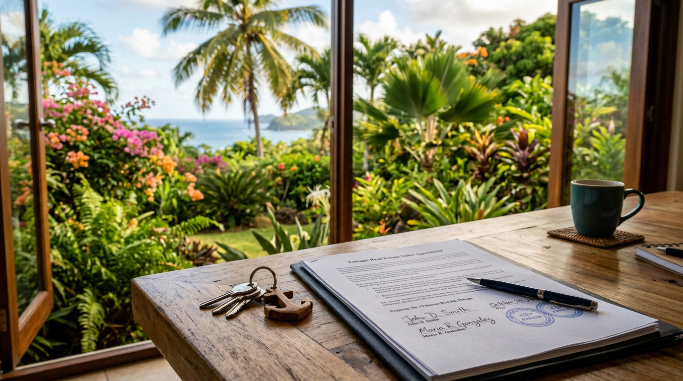 House keys on a table with signed property documents, tropical garden visible through window
