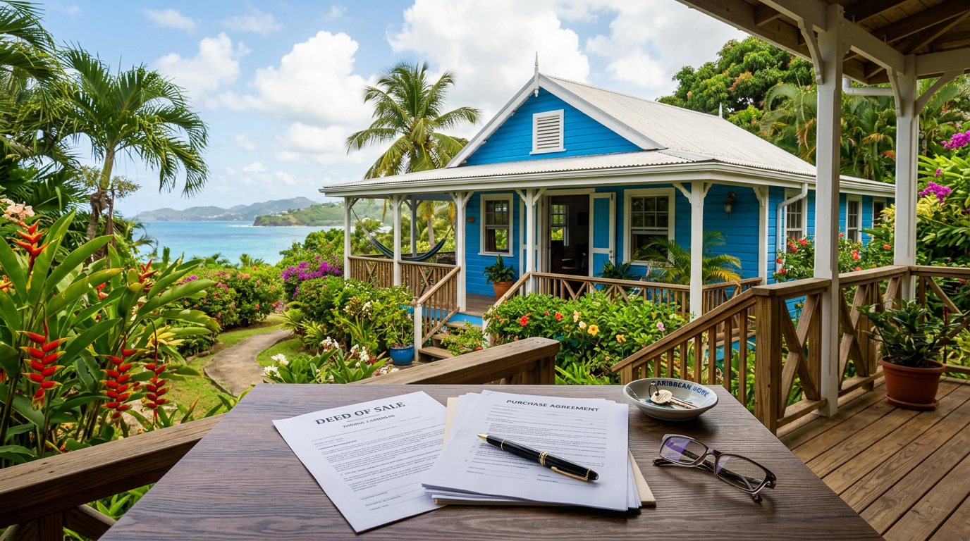 Charming Caribbean bungalow with lush garden and official documents on table