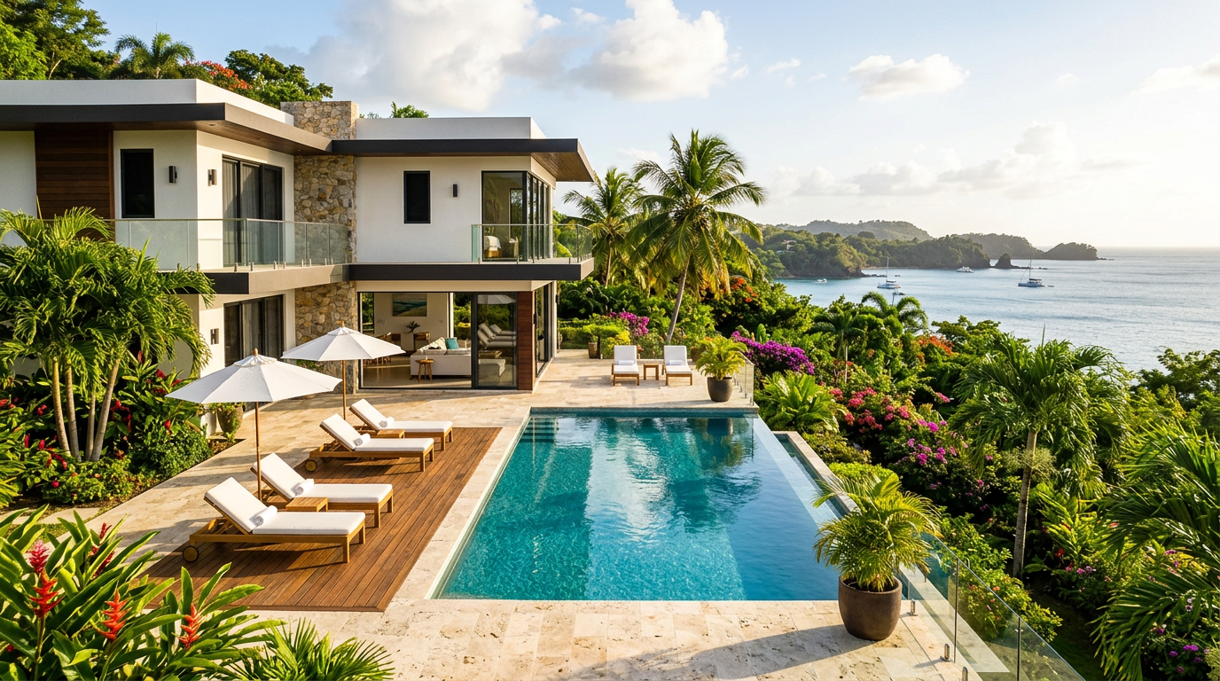 Modern Caribbean investment property with pool surrounded by tropical landscaping