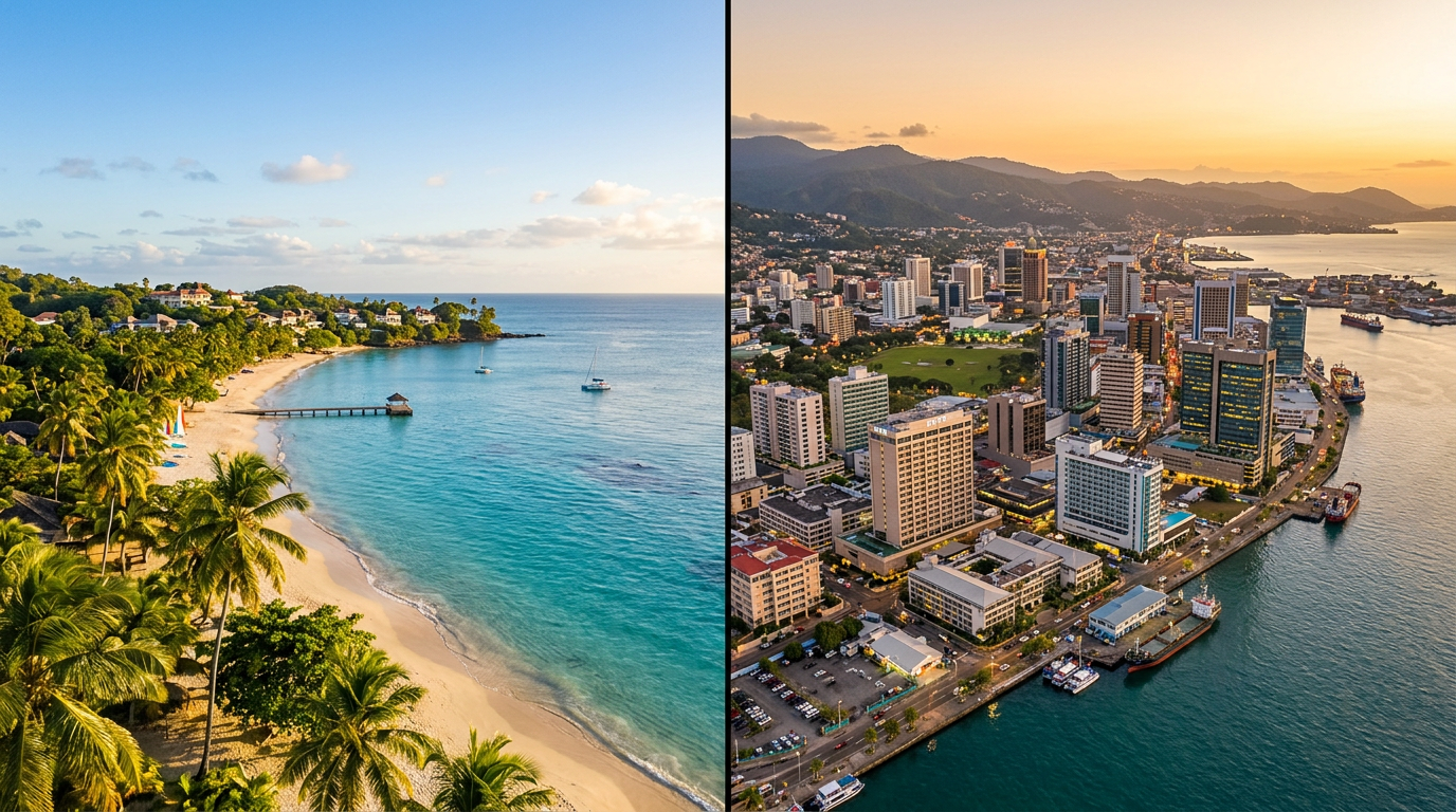 Split panoramic view showing Tobago beach paradise on left and Trinidad Port of Spain cityscape on right